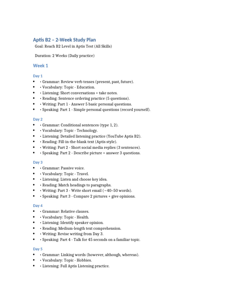 Aptis B2 2-Week Study Plan Guide | PDF | Vocabulary | Reading Comprehension