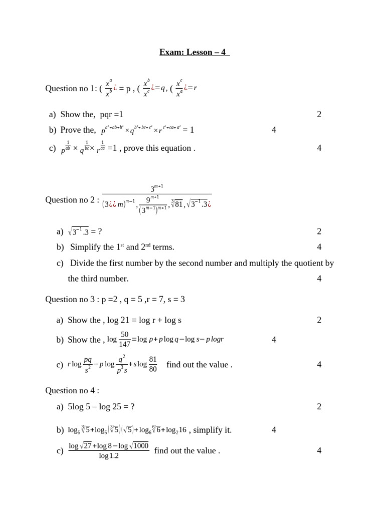 Advanced Logarithm and Algebra Exam | PDF