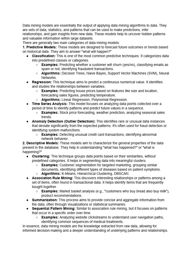 Overview of Data Mining Models | PDF | Data Mining | Prediction