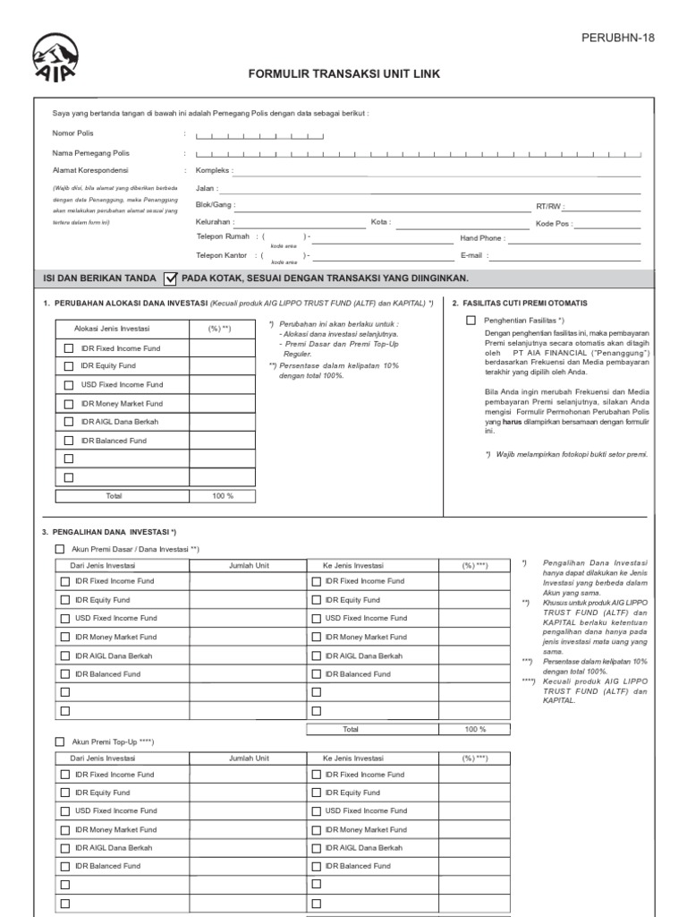 Aia Form Transaksi Unit Link 0609 Id