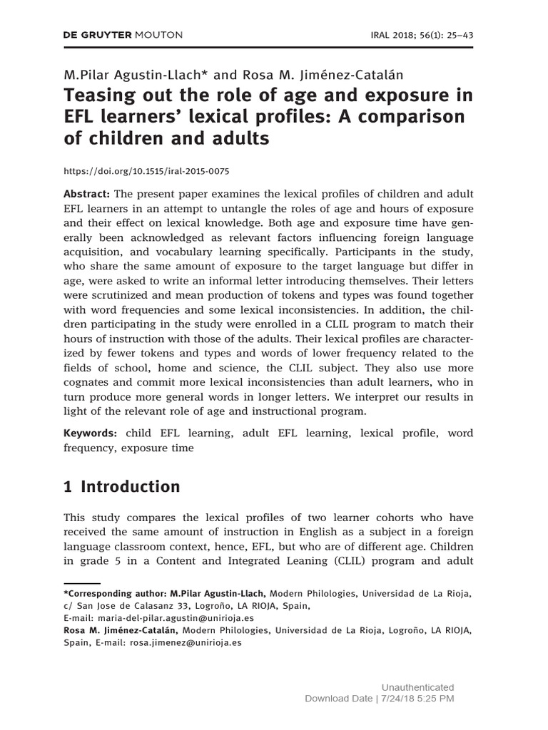Age and Exposure in EFL Lexical Profiles | PDF | Second Language ...