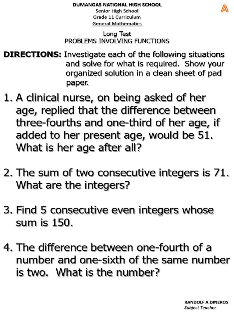 Long Test - Problems involving functions | PDF | Numbers | Arithmetic