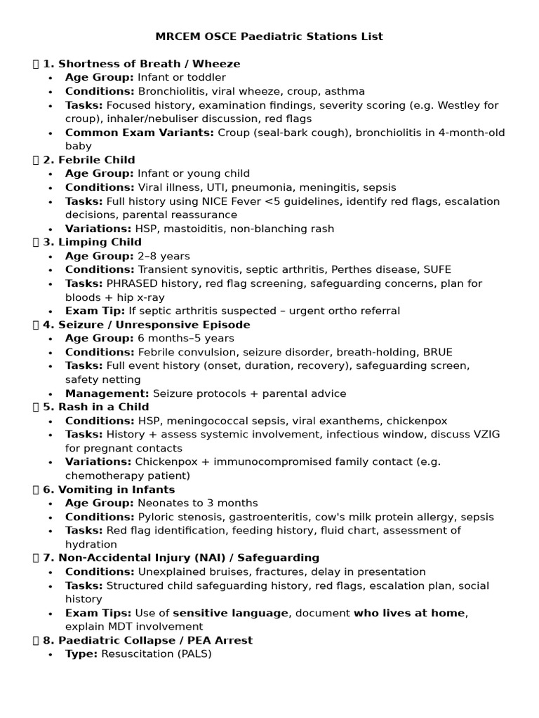 MRCEM Pediatric OSCE Stations Overview | PDF | Immunology | Medical ...