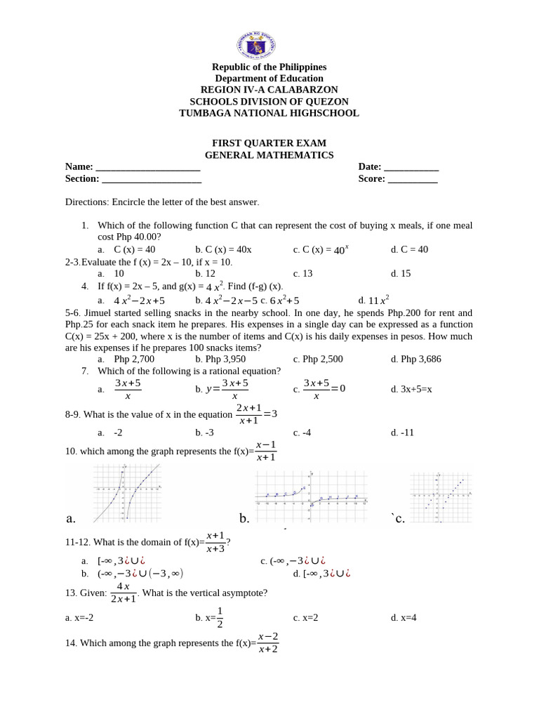 General Mathematics First Quarter Exam | PDF | Exponential Function ...
