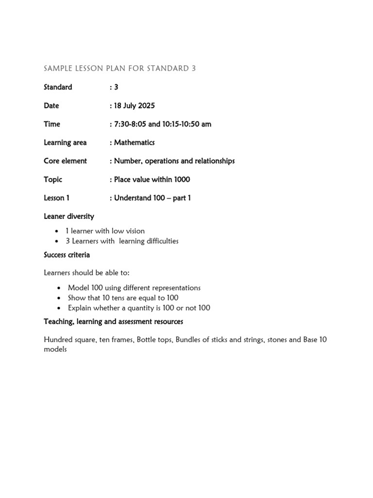 Standard 3 Math Lesson Plan: Place Value | PDF | Lesson Plan | Question