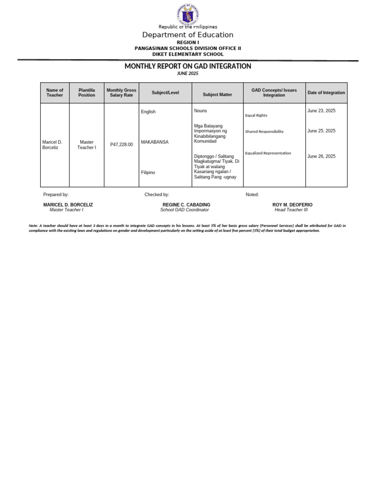 Gad Integration Grade 6 | PDF | Philippines | Teachers
