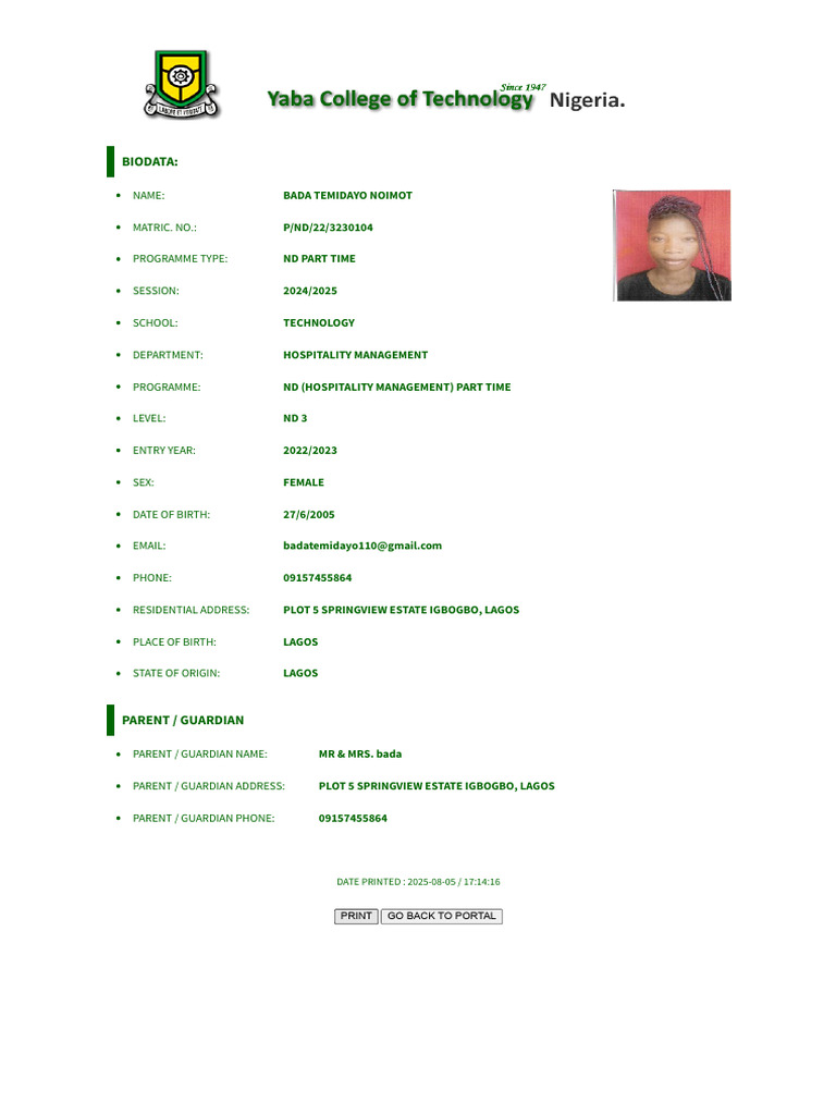 Portal - Yabatech.edu - NG Portalplus PG Print-Out-Biodata | PDF