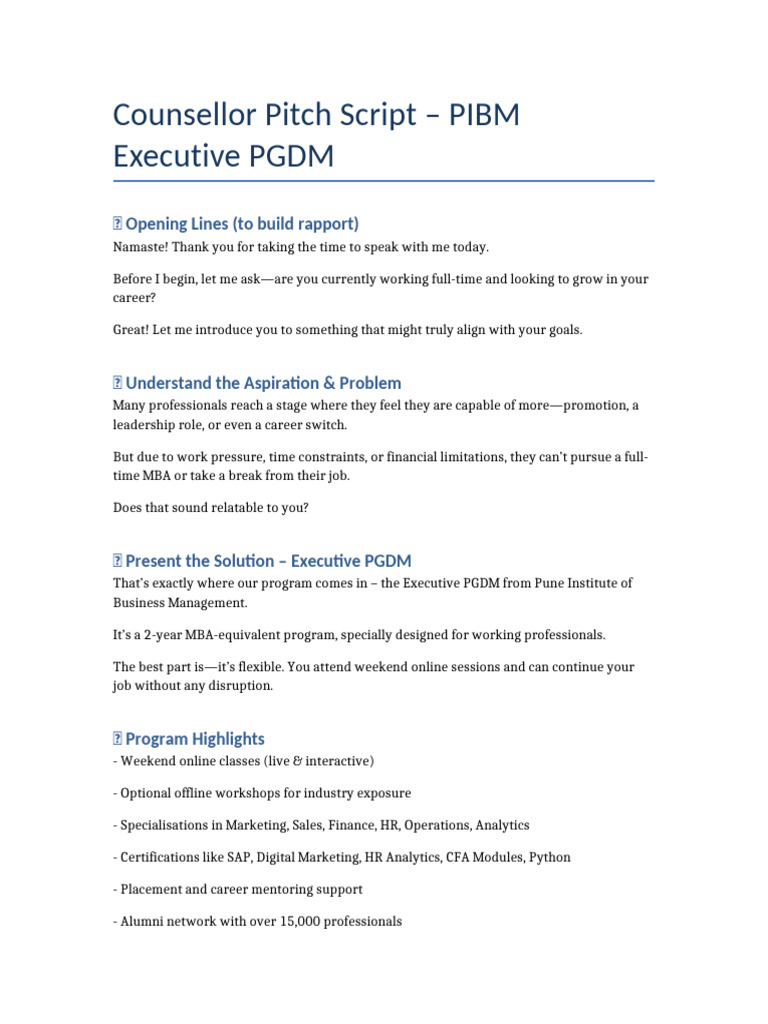 PIBM Counsellor Pitch Script | PDF