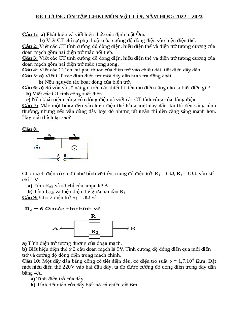 ĐỀ CƯƠNG ÔN TẬP GHKI MÔN LÍ 9 | PDF