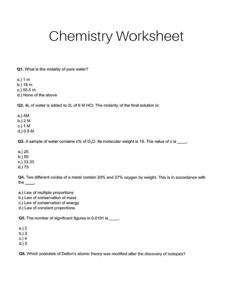 Chemistry Worksheet | PDF