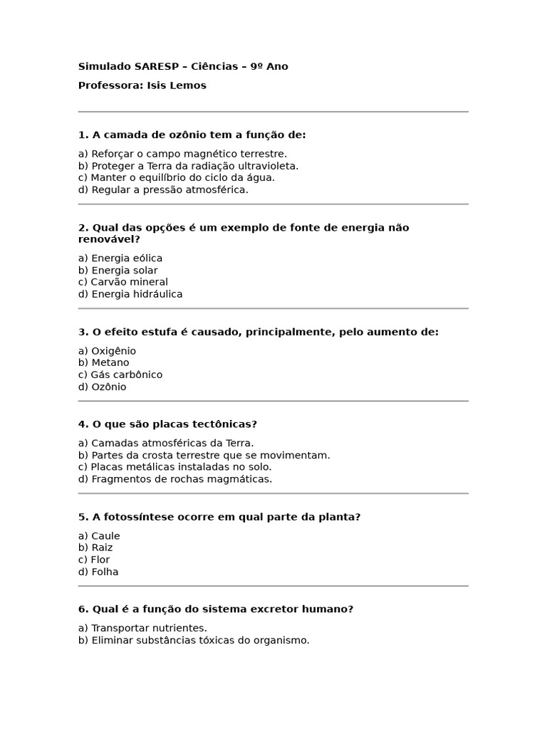 Simulado SARESP 9º Ano - Ciências | PDF