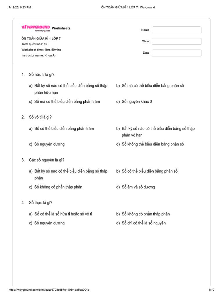 Ôn Toán Gi A Kì 1 L P 7 - Wayground | PDF