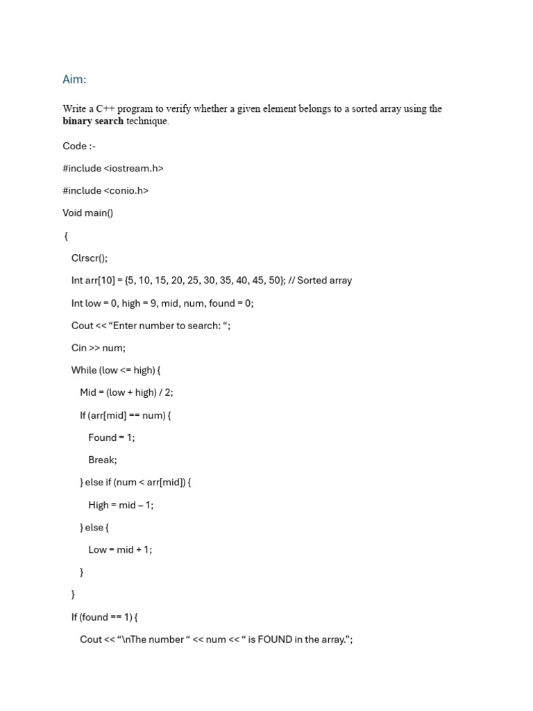 C++ Binary Search in Sorted Array | PDF