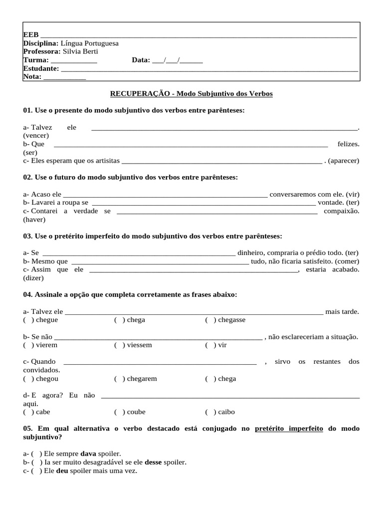 Exercícios de Modo Subjuntivo 7º Ano | PDF | Linguística