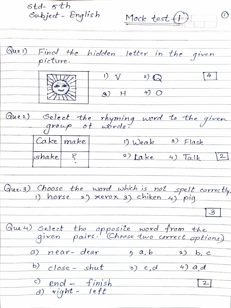5th Grade English Mock Test Questions | PDF