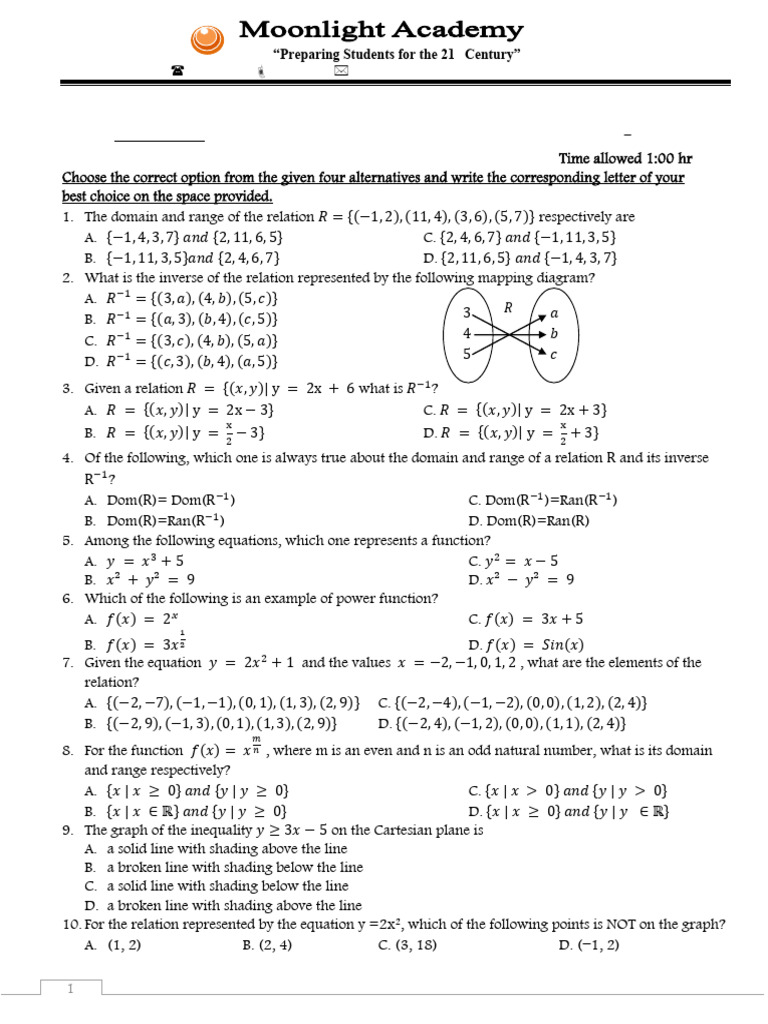 Domain and Range Exam for Grade 11 | PDF | Function (Mathematics ...