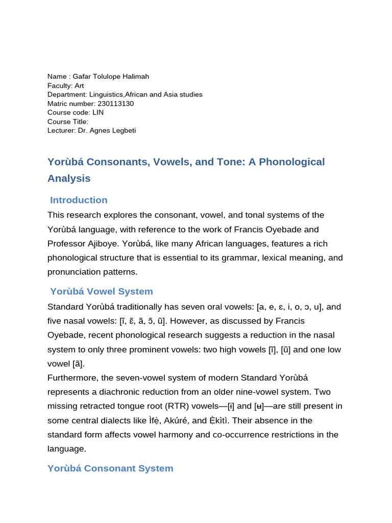 Yoruba Phonology: Consonants and Vowels | PDF | Consonant | Tone ...