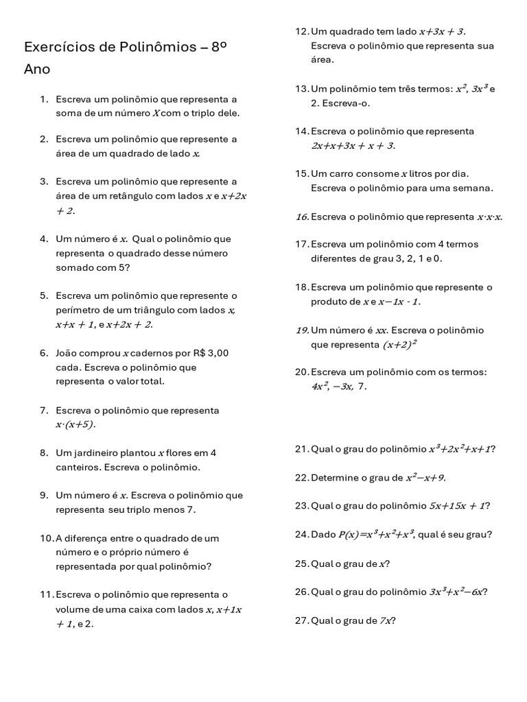 Exercícios de Polinômios para 8º Ano | PDF