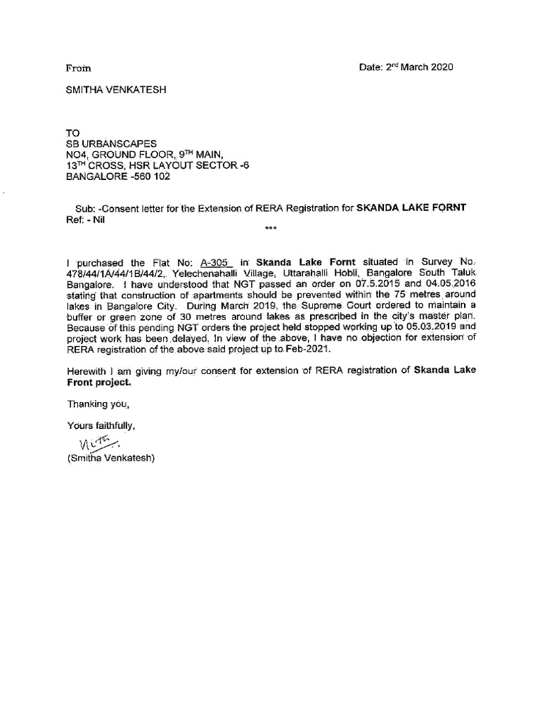 Rera Skanda Consent Letter Flat No A 305 | PDF