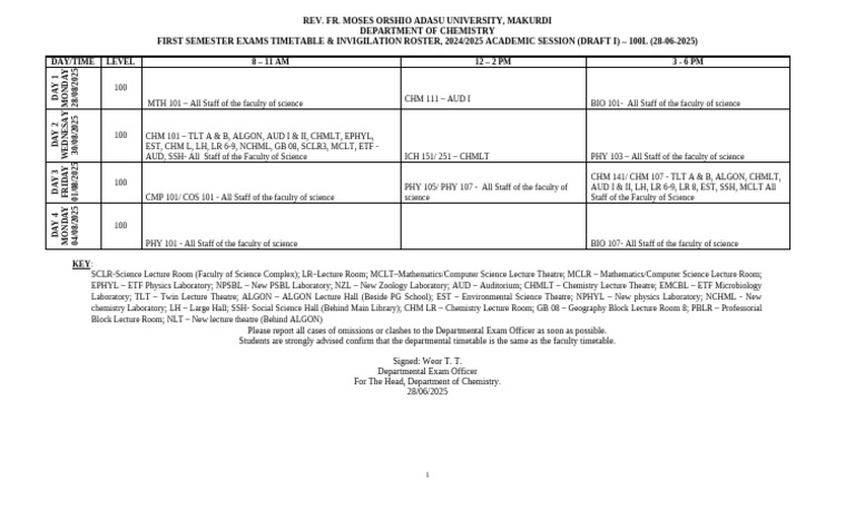 100L Dept Time Table First Sem 2024-2025 | PDF | Physical Sciences ...