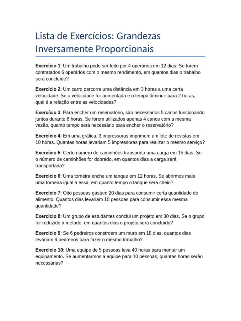 Lista Grandezas Inversamente Proporcionais | PDF