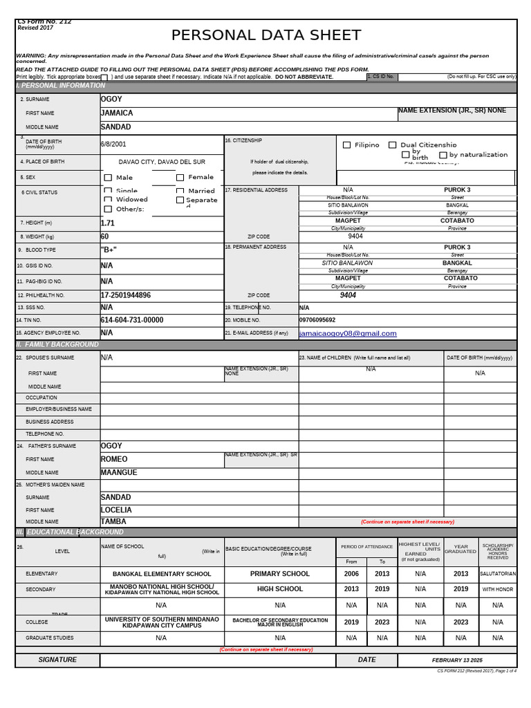 Personal Data Sheet (PDS) 2025 | PDF | Government | Justice