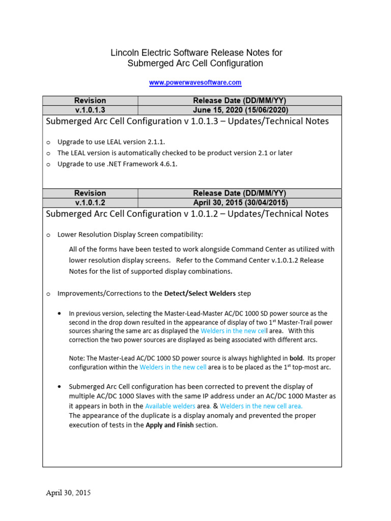 Submerged Arc Cell Config Release Notes | PDF | Welding | Construction
