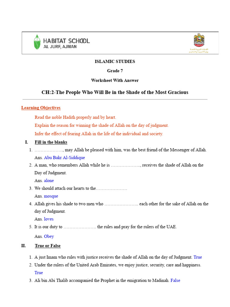 Grade 7 Islamic Studies Worksheet | PDF | God In Islam | Islamic Belief ...