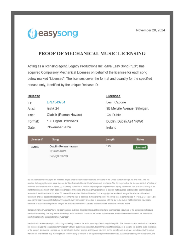 Mechanical Music Licensing Proof Document | PDF | License | Copyright
