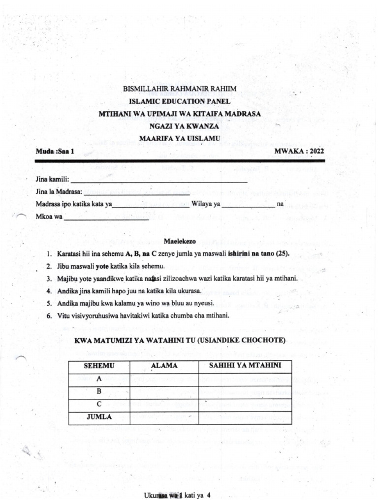 Mitihani Ya Taifa Mdrs 2022 PDF