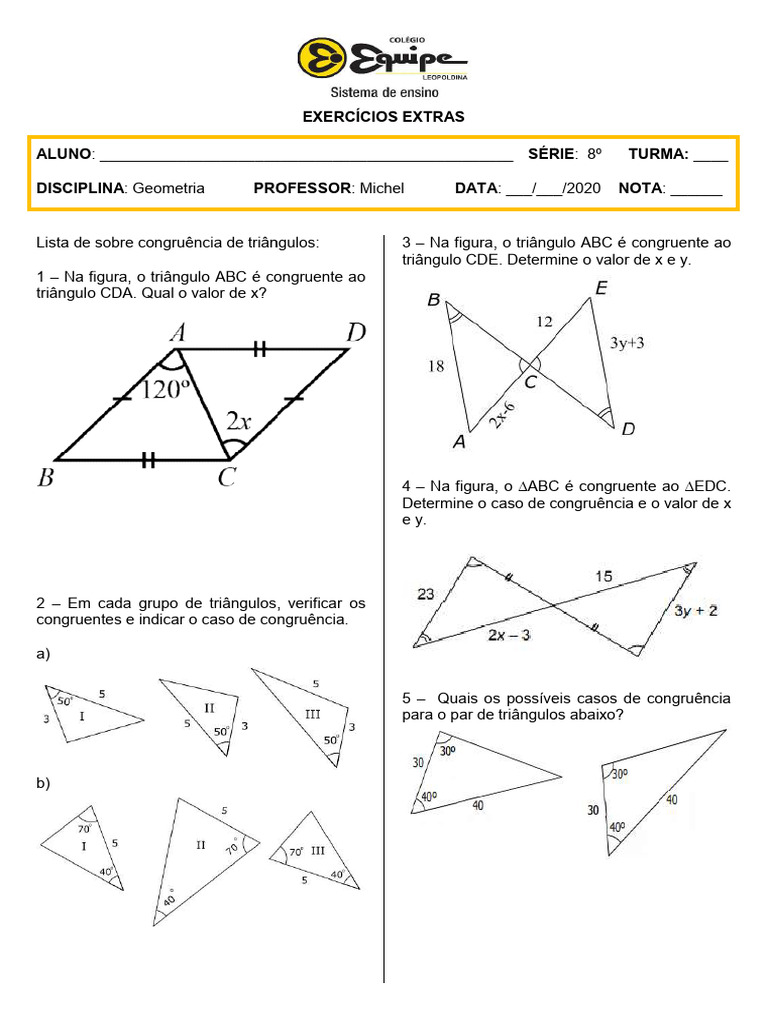 Lista de Exercícios: Congruência de Triângulos | PDF