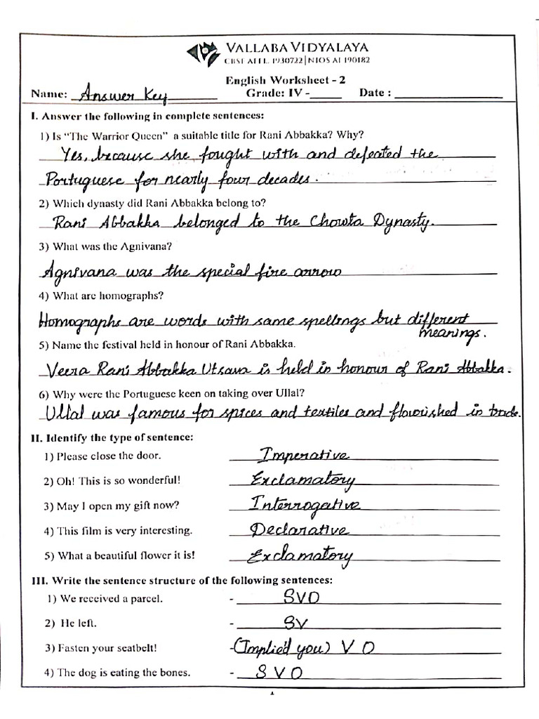 Gr-4 Worksheet - 2 Answerkey | PDF