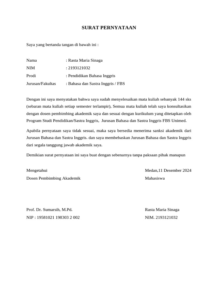 Surat Pernyataan Penyelesaian SKS | PDF