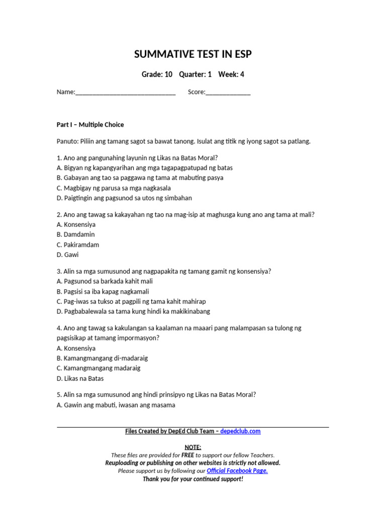Summ - Test Esp 10 q1 w4 | PDF