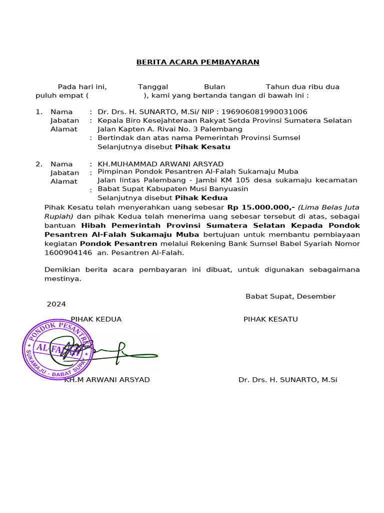 Berita Acara Pembayaran Hibah Pesantren | PDF