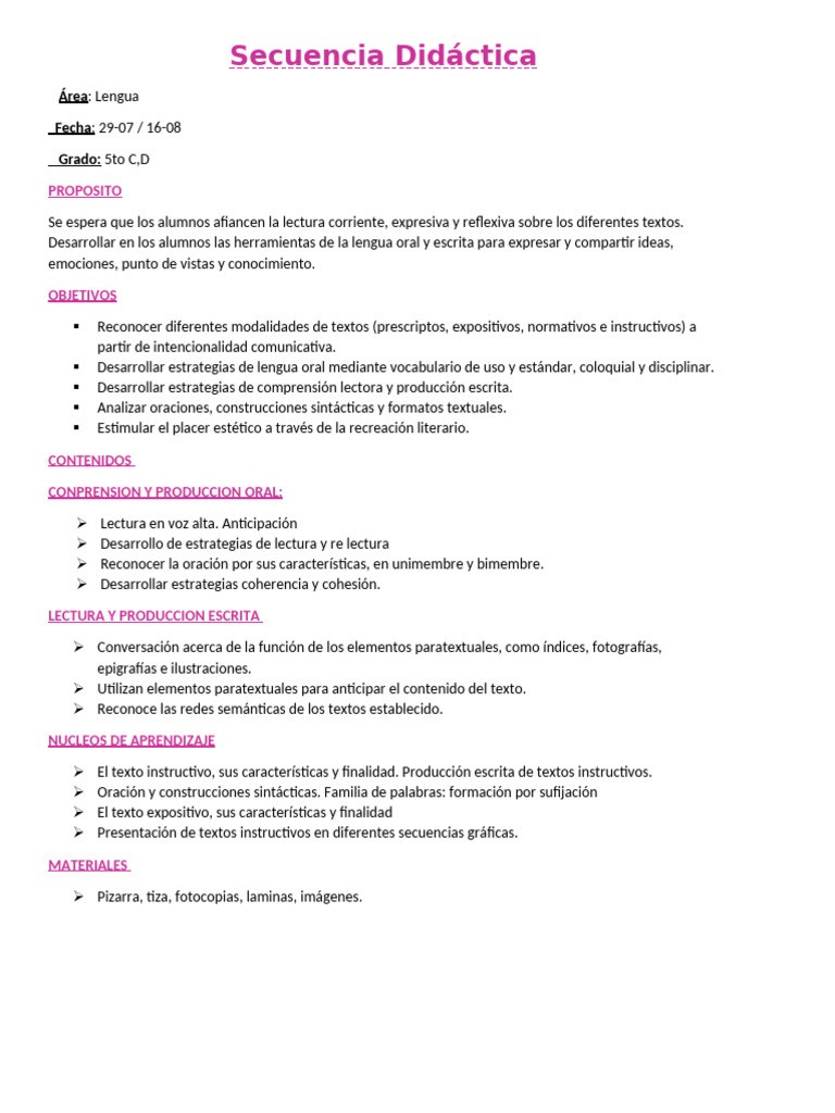 Secuencia Didáctica de Lengua 5to Grado | PDF | Comprensión lectora ...