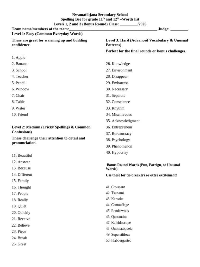 Spelling Bee Word List for Grades 11-12 | PDF | Chess Openings | Chess ...