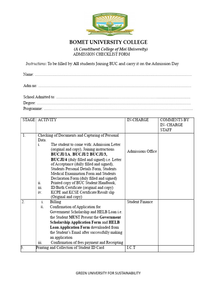 Bomet University Admission Checklist 2025 | PDF