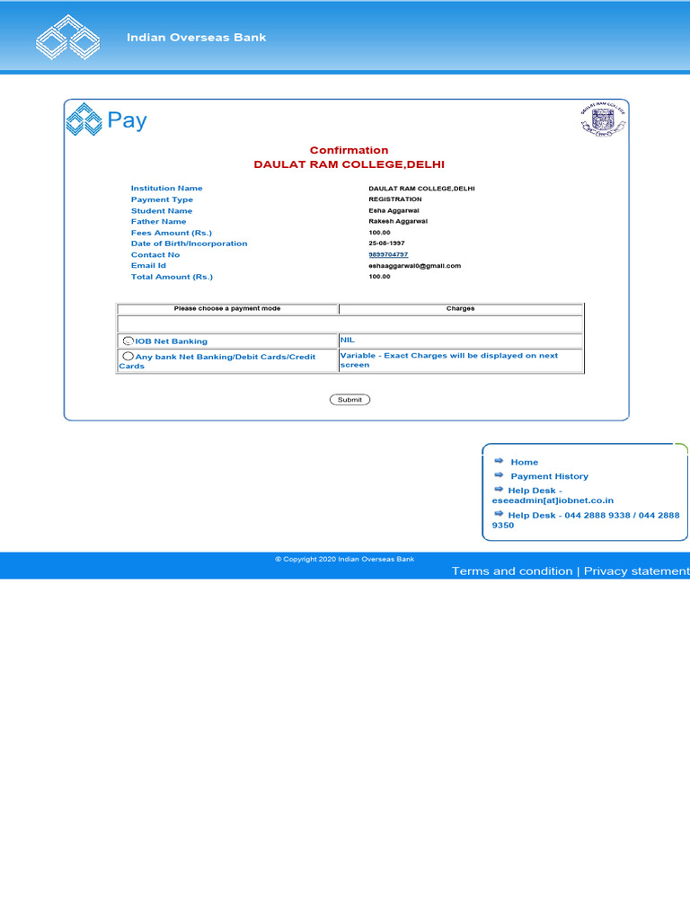 IOB Payment Confirmation for College Fees | PDF