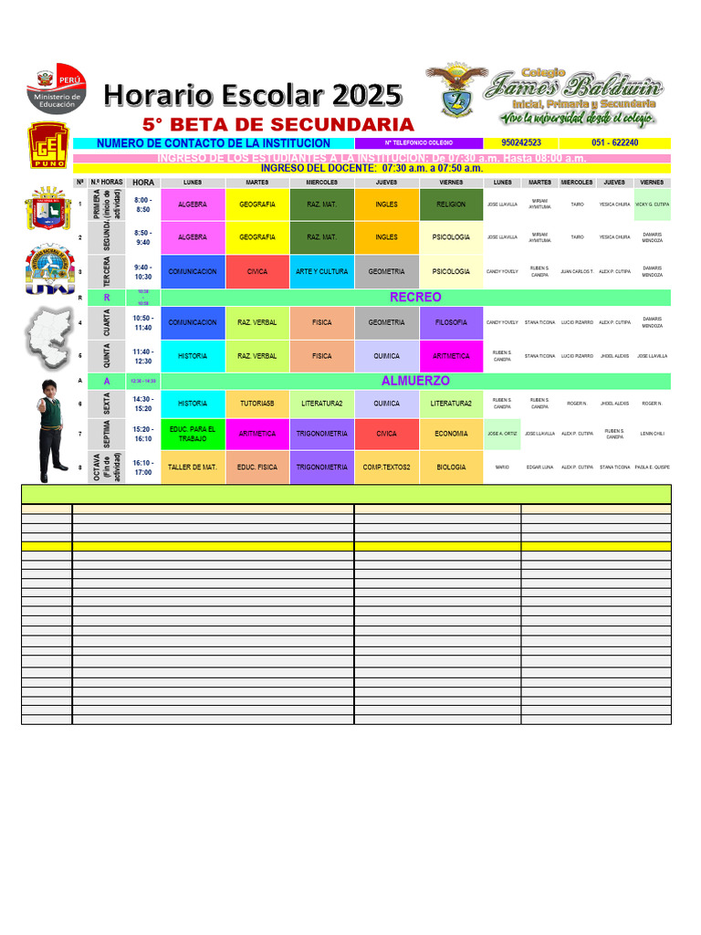 Horario Colegio - Secundaria - 2025 - Agosto-5b | PDF