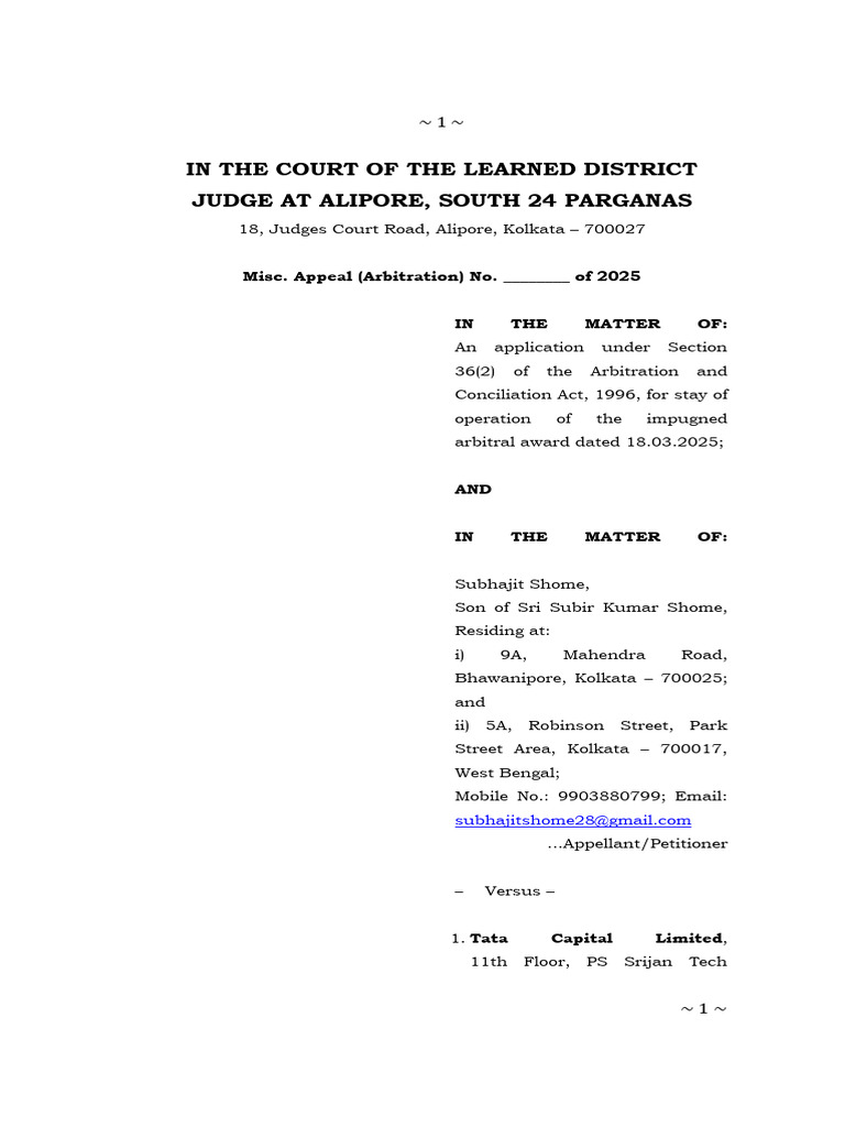 Stay Application for Arbitral Award 2025 | PDF | Affidavit | Judiciaries