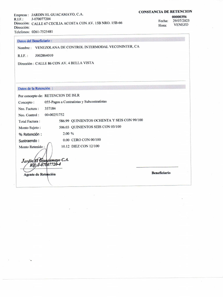 Retencion de Islr Factura 357184 Veconinter | PDF