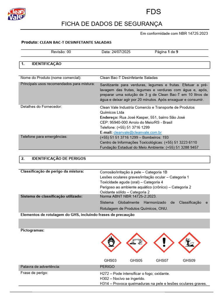 Ficha de Segurança: Clean Bac-T Desinfetante | PDF | Desperdício ...