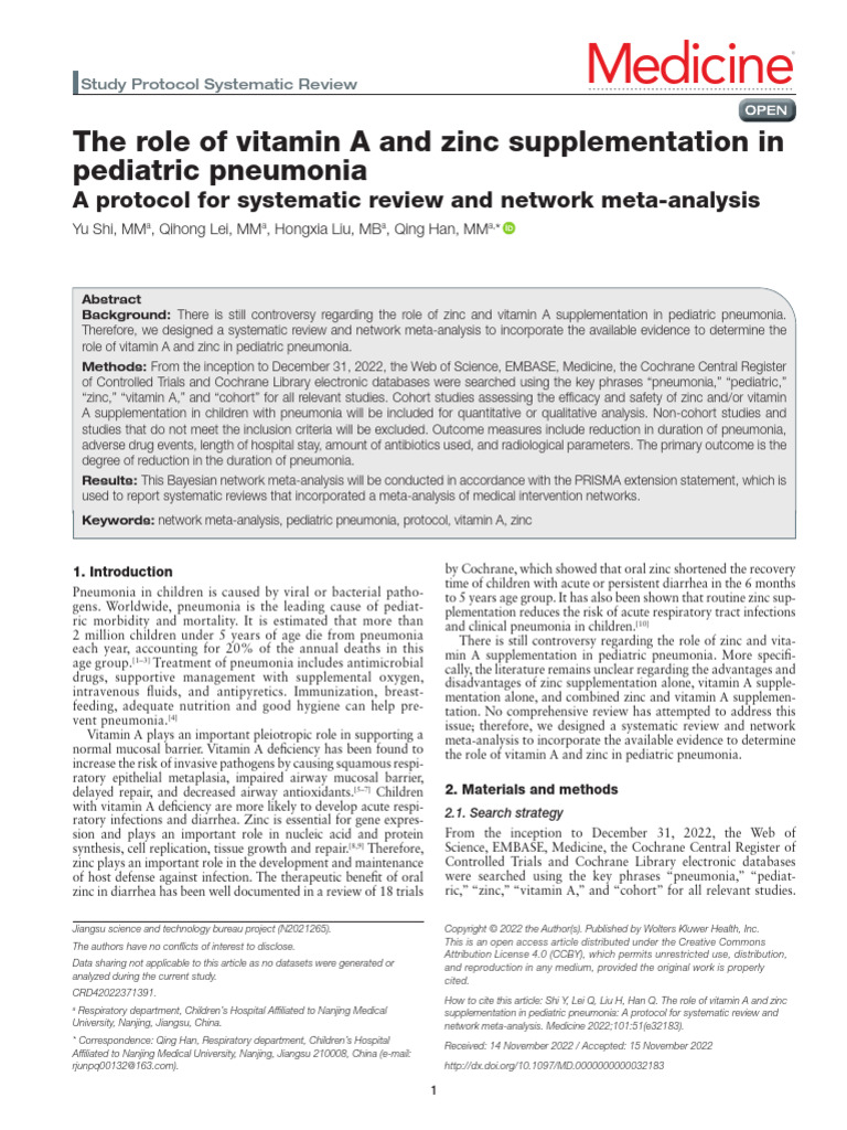 Vitamin A & Zinc in Pediatric Pneumonia | PDF | Systematic Review ...