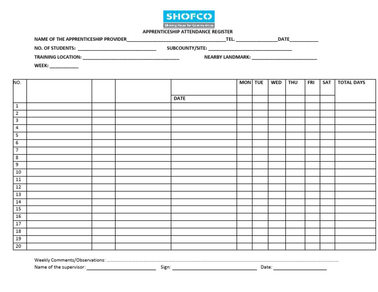 Apprenticeship Attendance Register Template | PDF