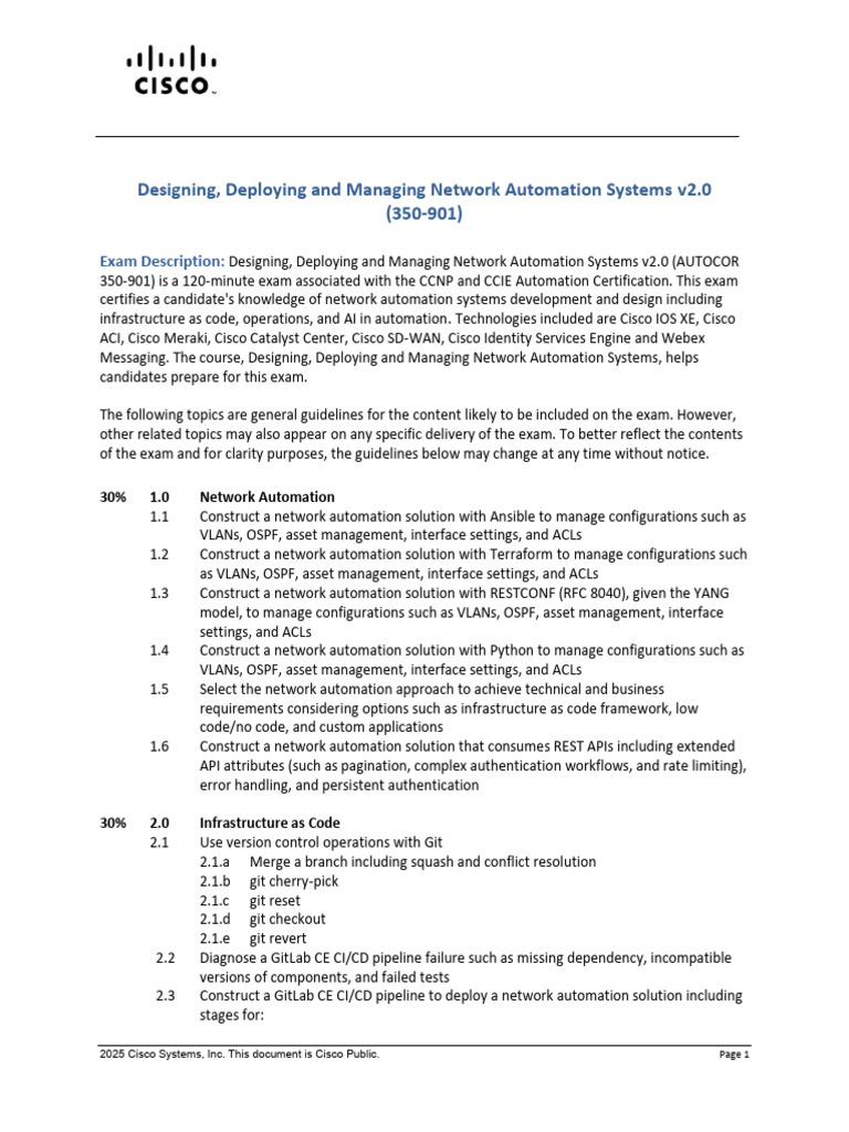 Cisco Network Automation Exam Overview | PDF | Automation | Version Control