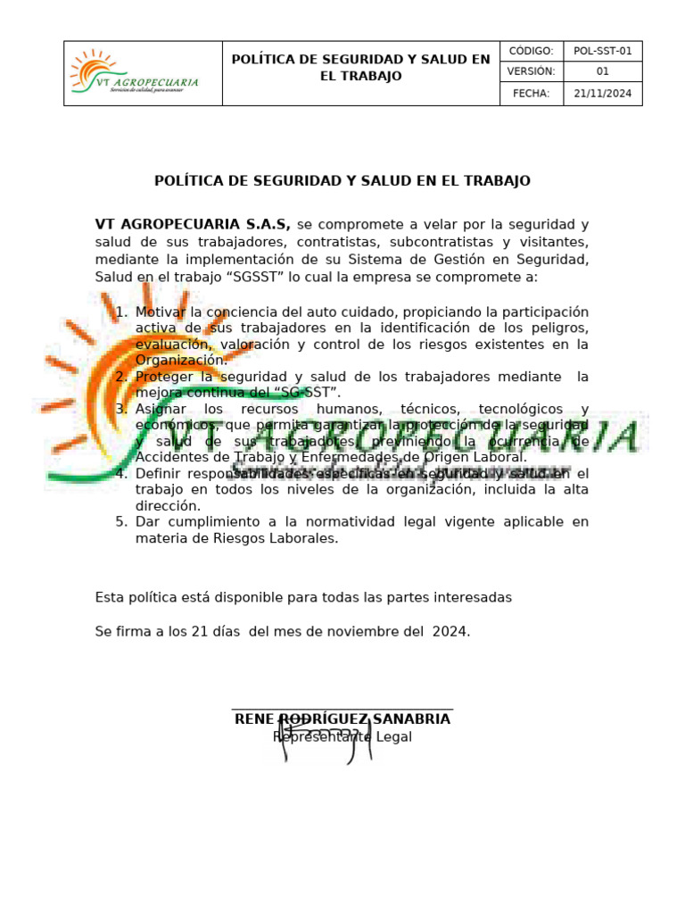 Pol SST 01 Politicas de SST | PDF