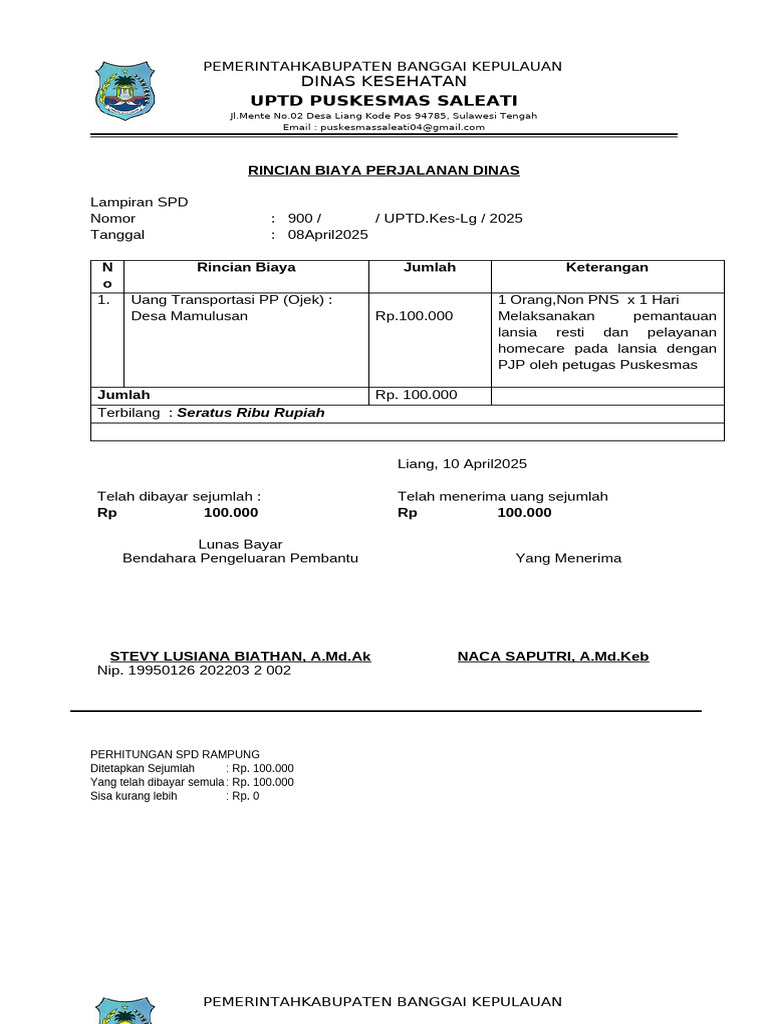 Rincian Biaya Perjalanan Dinas Puskesmas | PDF