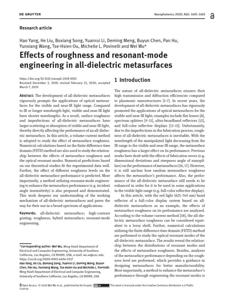 Metasurface Roughness and Performance | PDF | Reflection (Physics ...