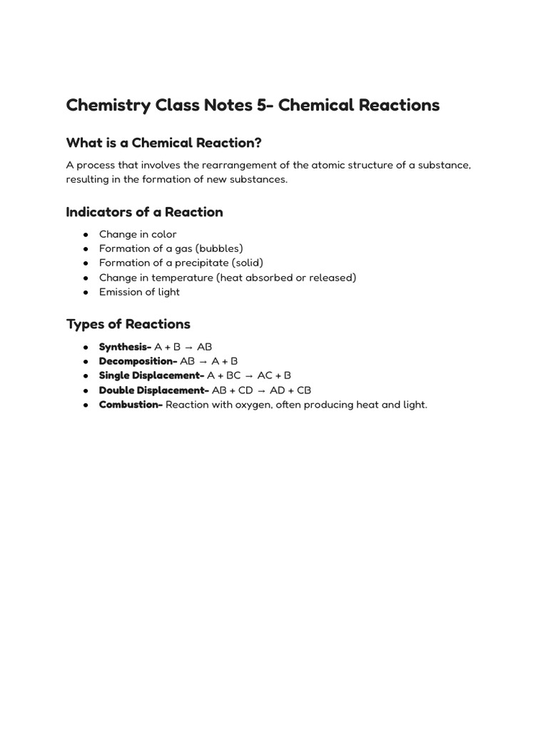 Chemistry Class Notes 5 - Chemical Reactions | PDF